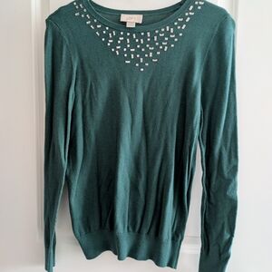 LOFT Teal Embellished Crew Neck Sweater